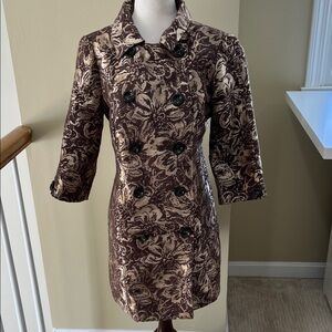 Kenar Jaquard Floral Brown Bronze Coat Dress Size S EUC